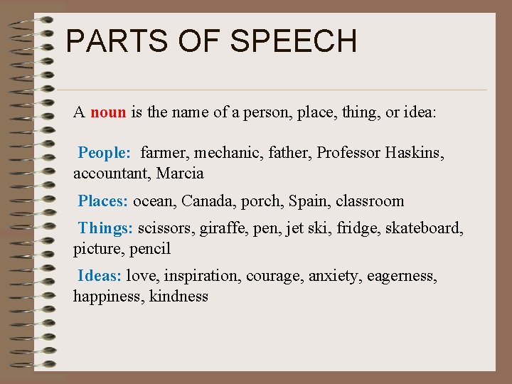PARTS OF SPEECH A noun is the name of a person, place, thing, or