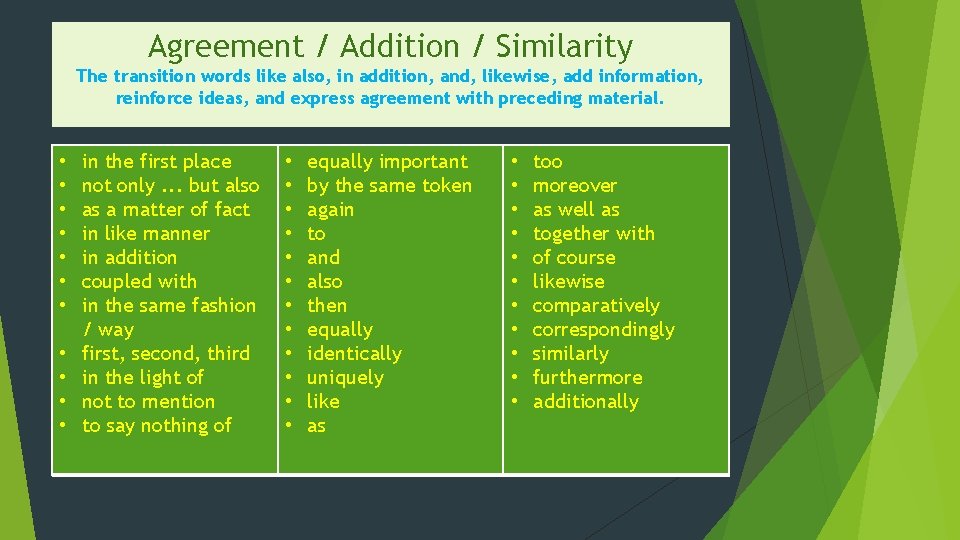 Agreement / Addition / Similarity The transition words like also, in addition, and, likewise,