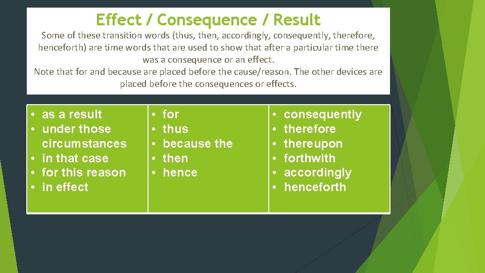 Effect / Consequence / Result Some of these transition words (thus, then, accordingly, consequently,