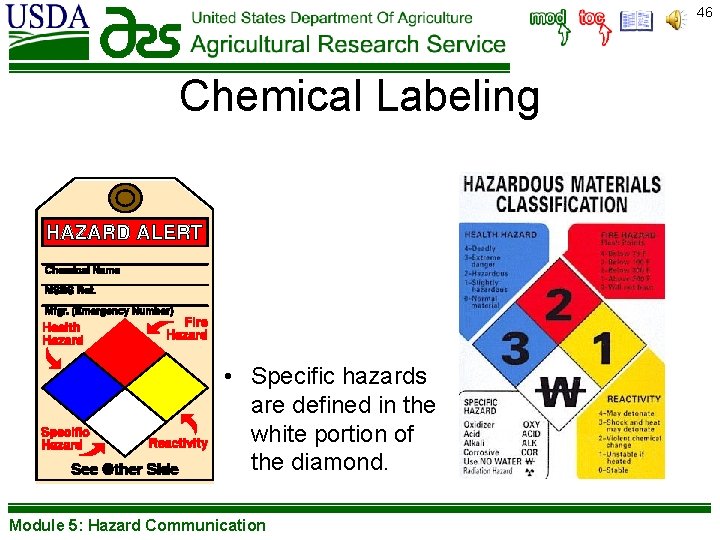 46 Chemical Labeling • Specific hazards are defined in the white portion of the