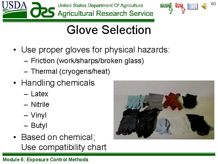 60 Glove Selection • Use proper gloves for physical hazards: – Friction (work/sharps/broken glass)