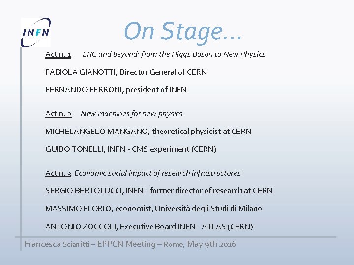 On Stage… Act n. 1 LHC and beyond: from the Higgs Boson to New