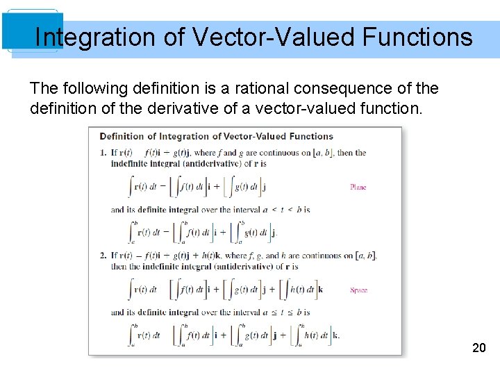 Integration of Vector-Valued Functions The following definition is a rational consequence of the definition