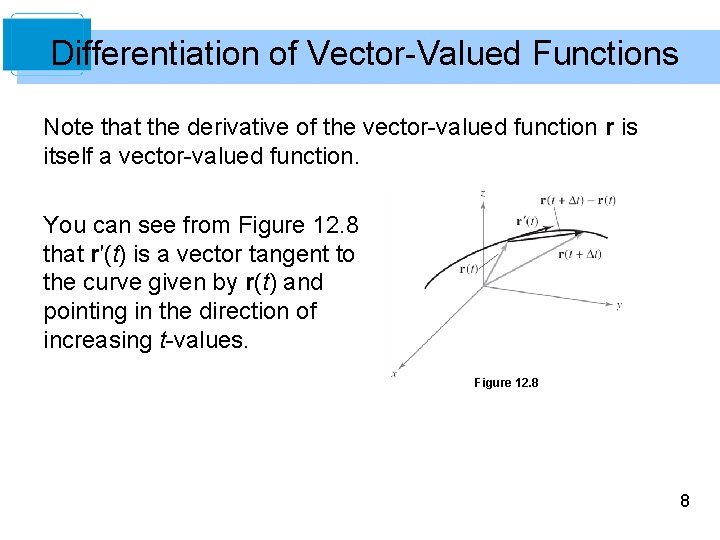Differentiation of Vector-Valued Functions Note that the derivative of the vector-valued function r is