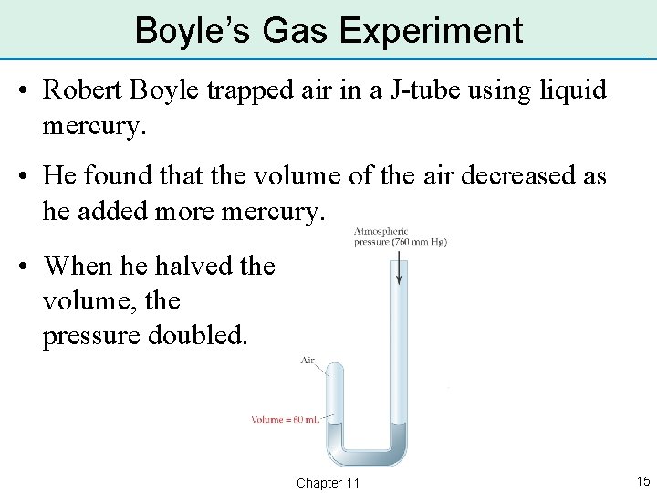 Boyle’s Gas Experiment • Robert Boyle trapped air in a J-tube using liquid mercury.