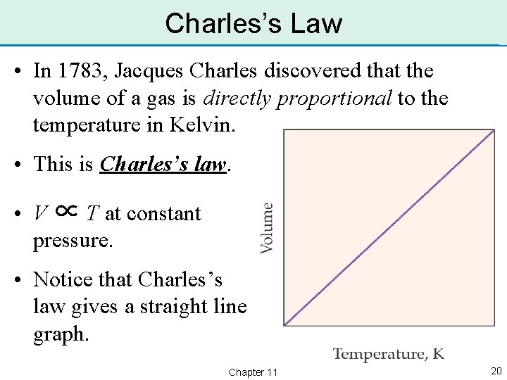 Charles’s Law • In 1783, Jacques Charles discovered that the volume of a gas