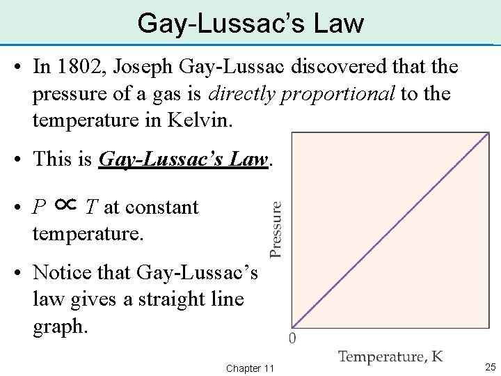 Gay-Lussac’s Law • In 1802, Joseph Gay-Lussac discovered that the pressure of a gas
