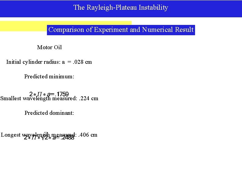 The Rayleigh-Plateau Instability Comparison of Experiment and Numerical Result Motor Oil Initial cylinder radius: