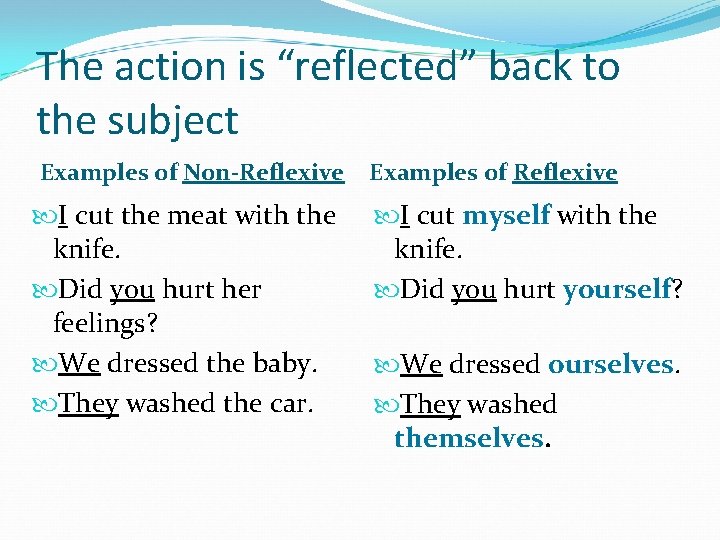 The action is “reflected” back to the subject Examples of Non-Reflexive I cut the
