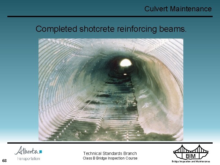 Culvert Maintenance Completed shotcrete reinforcing beams. Technical Standards Branch 68 Class B Bridge Inspection