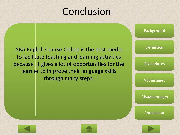 Conclusion Background ABA English Course Online is the best media to facilitate teaching and