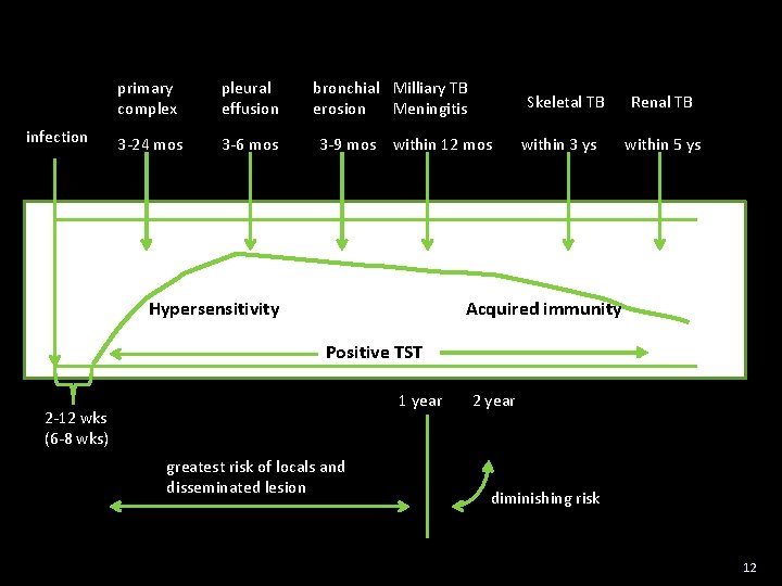 infection primary complex pleural effusion 3 -24 mos 3 -6 mos bronchial Milliary TB
