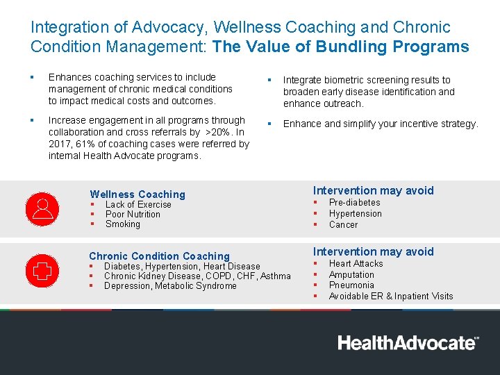 Integration of Advocacy, Wellness Coaching and Chronic Condition Management: The Value of Bundling Programs