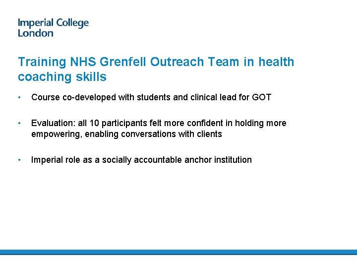 Training NHS Grenfell Outreach Team in health coaching skills • Course co-developed with students