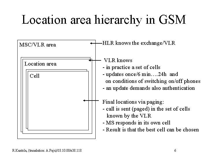 Location area hierarchy in GSM MSC/VLR area Sijaintialue Location area Solu Cell HLR knows