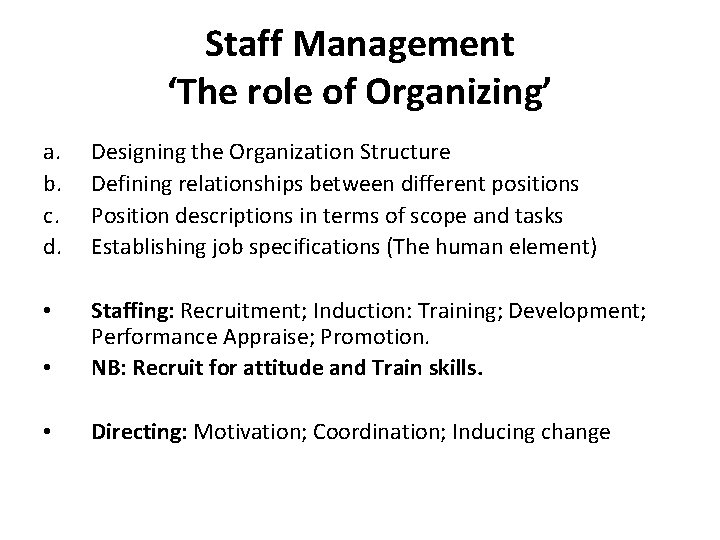 Staff Management ‘The role of Organizing’ a. b. c. d. Designing the Organization Structure