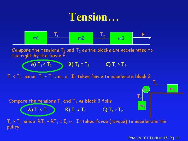 Tension… m 1 T 1 m 2 T 2 m 3 F Compare the