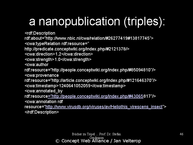 a nanopublication (triples): <rdf: Description rdf: about=”http: //www. nbic. nl/cwa/relation/#26277419#13817745”> <cwa: type. Relation rdf: