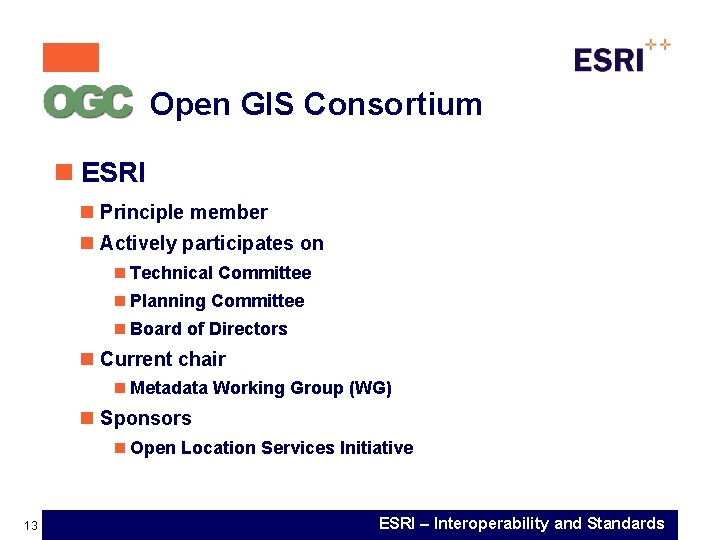  Open GIS Consortium n ESRI n Principle member n Actively participates on n