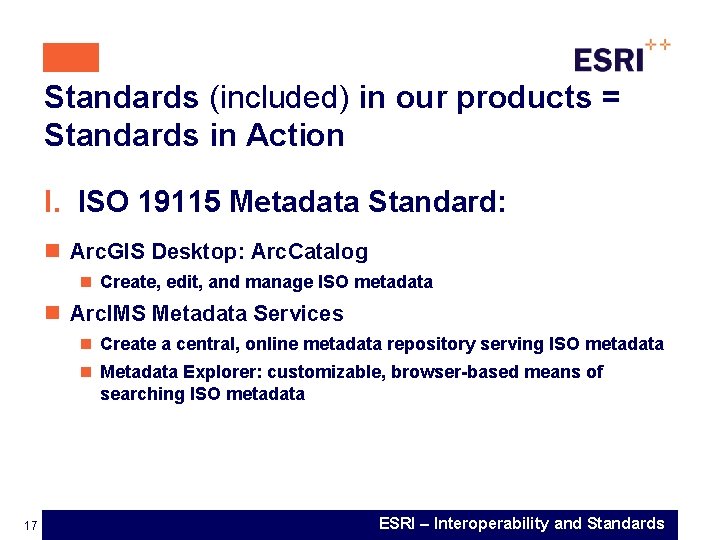 Standards (included) in our products = Standards in Action I. ISO 19115 Metadata Standard: