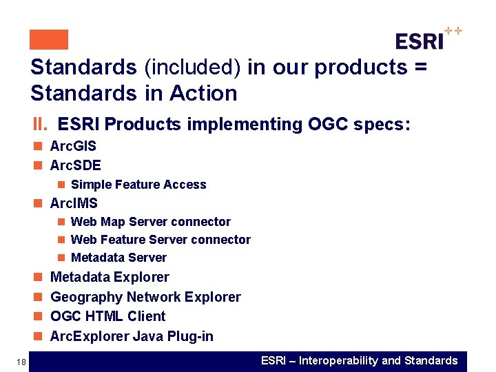 Standards (included) in our products = Standards in Action II. ESRI Products implementing OGC