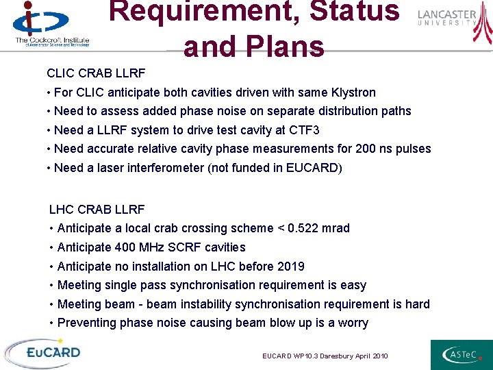 Requirement, Status and Plans CLIC CRAB LLRF • For CLIC anticipate both cavities driven