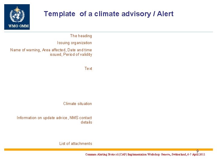 Template of a climate advisory / Alert WMO OMM The heading Issuing organization Name