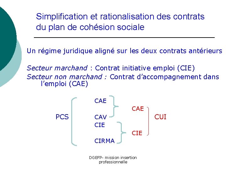 Simplification et rationalisation des contrats du plan de cohésion sociale Un régime juridique aligné