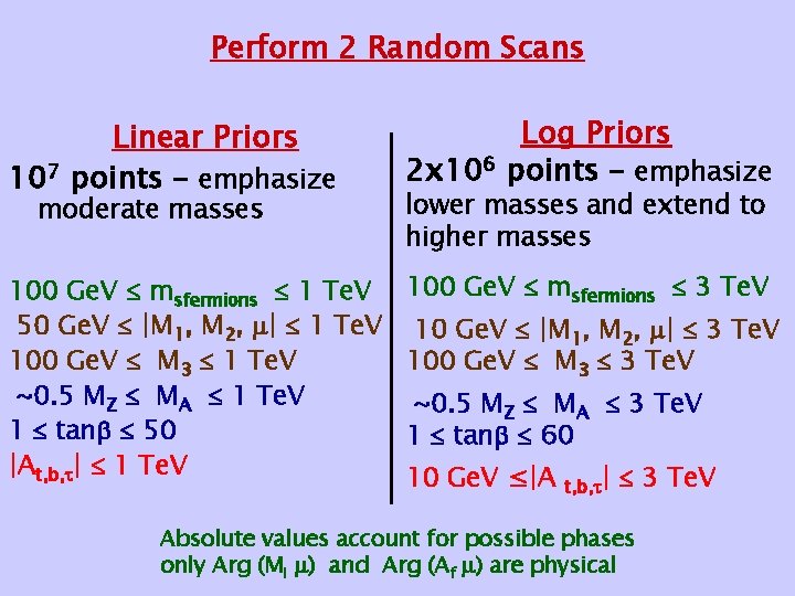 Perform 2 Random Scans Linear Priors 107 points – emphasize Log Priors 2 x