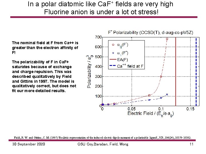 In a polar diatomic like Ca. F+ fields are very high Fluorine anion is
