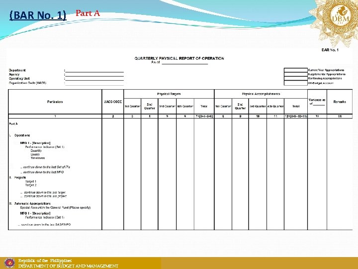 (BAR No. 1) Part A Republic of the Philippines DEPARTMENT OF BUDGET AND MANAGEMENT