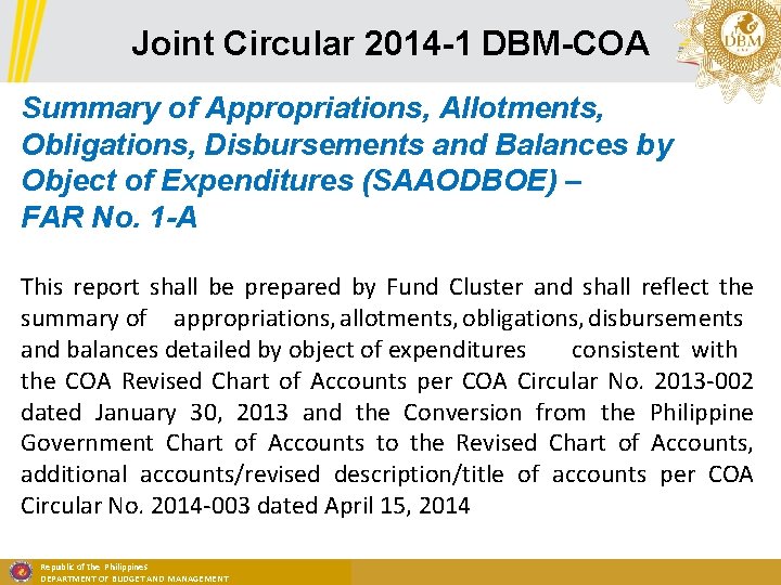 Joint Circular 2014 -1 DBM-COA Summary of Appropriations, Allotments, Obligations, Disbursements and Balances by