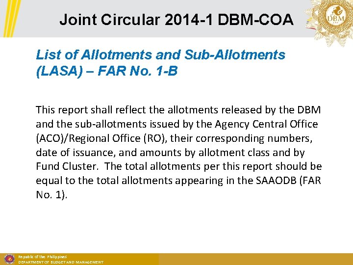 Joint Circular 2014 -1 DBM-COA List of Allotments and Sub-Allotments (LASA) – FAR No.