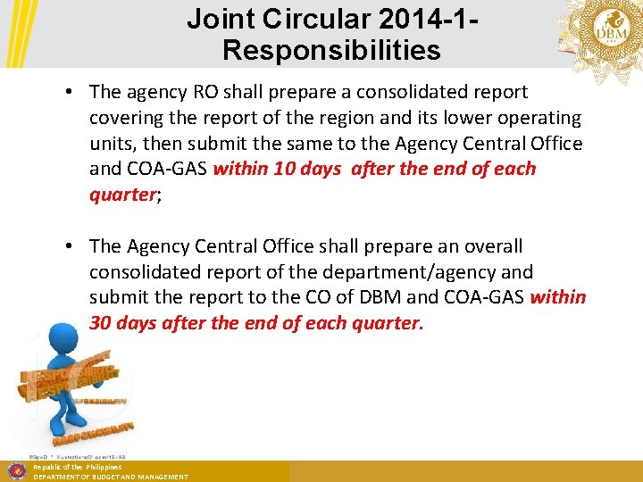 Joint Circular 2014 -1 Responsibilities • The agency RO shall prepare a consolidated report