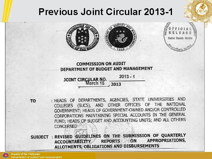 Previous Joint Circular 2013 -1 Republic of the Philippines DEPARTMENT OF BUDGET AND MANAGEMENT