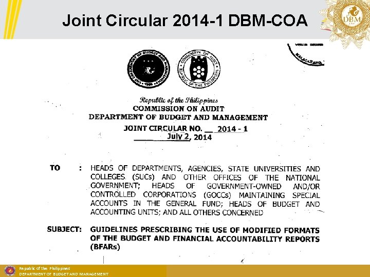 Joint Circular 2014 -1 DBM-COA Republic of the Philippines DEPARTMENT OF BUDGET AND MANAGEMENT