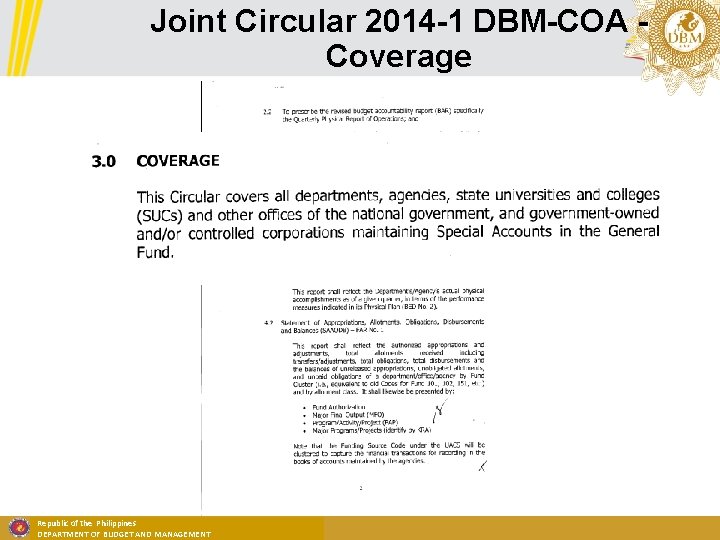 Joint Circular 2014 -1 DBM-COA Coverage Republic of the Philippines DEPARTMENT OF BUDGET AND