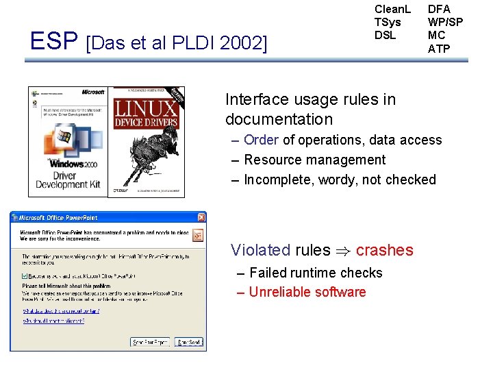 ESP [Das et al PLDI 2002] Clean. L TSys DSL DFA WP/SP MC ATP