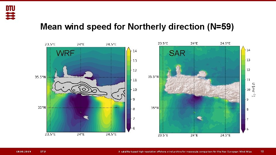 Mean wind speed for Northerly direction (N=59) WRF 18. 06. 2019 DTU SAR A