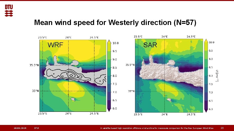 Mean wind speed for Westerly direction (N=57) WRF 18. 06. 2019 DTU SAR A