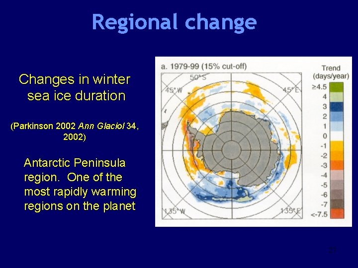 Regional change Changes in winter sea ice duration (Parkinson 2002 Ann Glaciol 34, 2002)