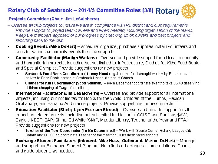 Rotary Club of Seabrook – 2014/5 Committee Roles (3/6) Projects Committee (Chair: Jim Le.