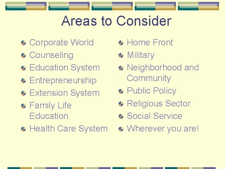 Areas to Consider Corporate World Counseling Education System Entrepreneurship Extension System Family Life Education