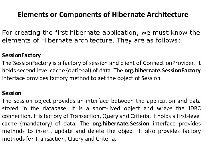 Elements or Components of Hibernate Architecture For creating the first hibernate application, we must