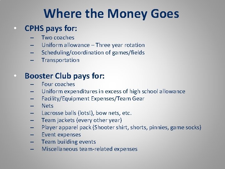 Where the Money Goes • CPHS pays for: – – Two coaches Uniform allowance