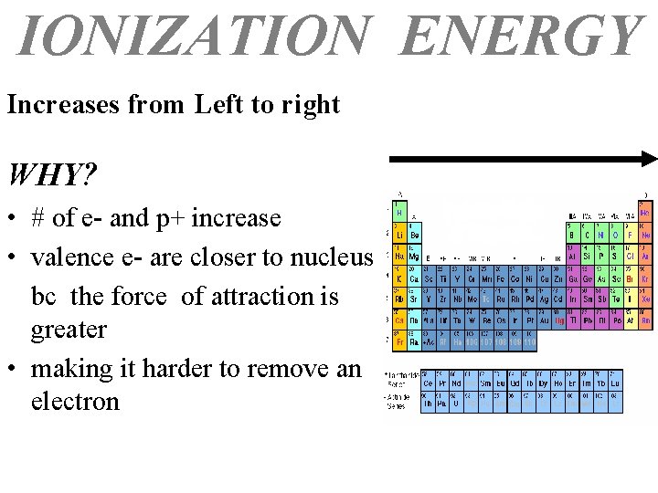 IONIZATION ENERGY Increases from Left to right WHY? • # of e- and p+