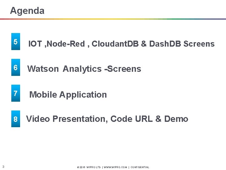 Agenda 5 IOT , Node-Red , Cloudant. DB & Dash. DB Screens 6 Watson