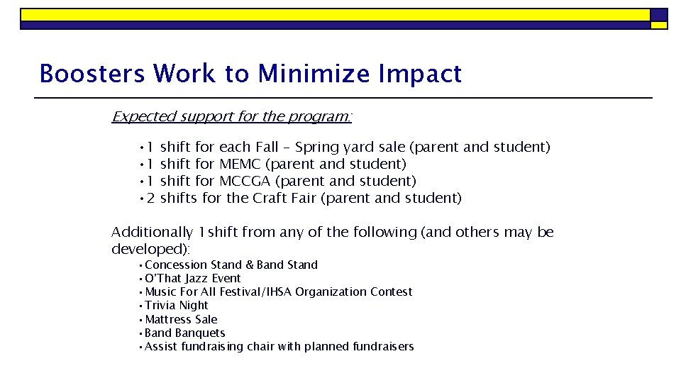 Boosters Work to Minimize Impact Expected support for the program: • 1 • 1