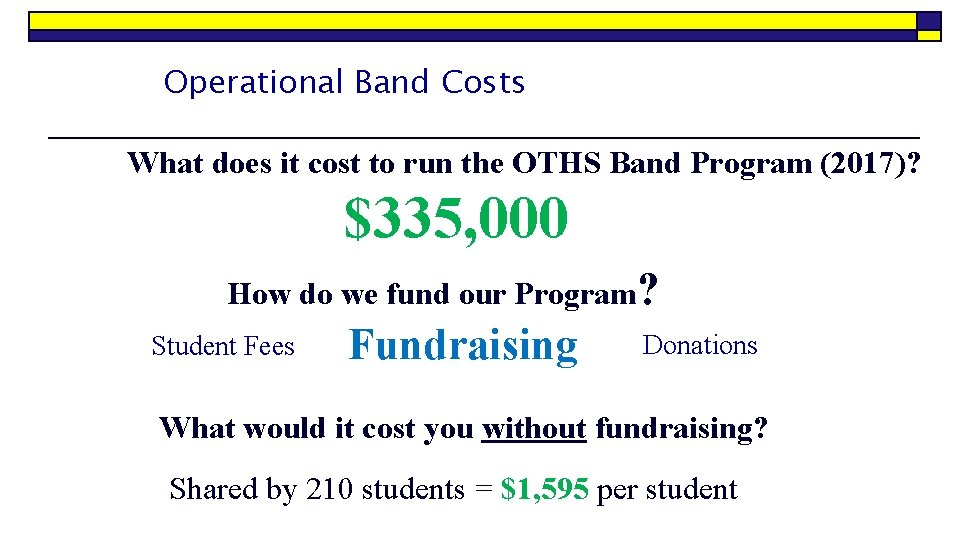 Operational Band Costs What does it cost to run the OTHS Band Program (2017)?