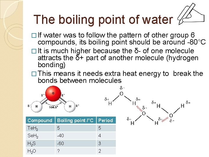 The boiling point of water � If water was to follow the pattern of